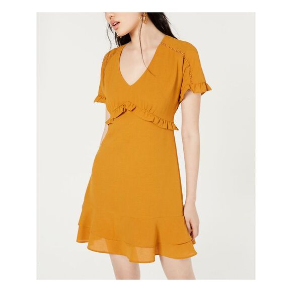 CITY STUDIO Dresses & Skirts - CITY STUDIO Womens Fit + Flare Short Dress Gold Short Sleeve V Neck Juniors XXS